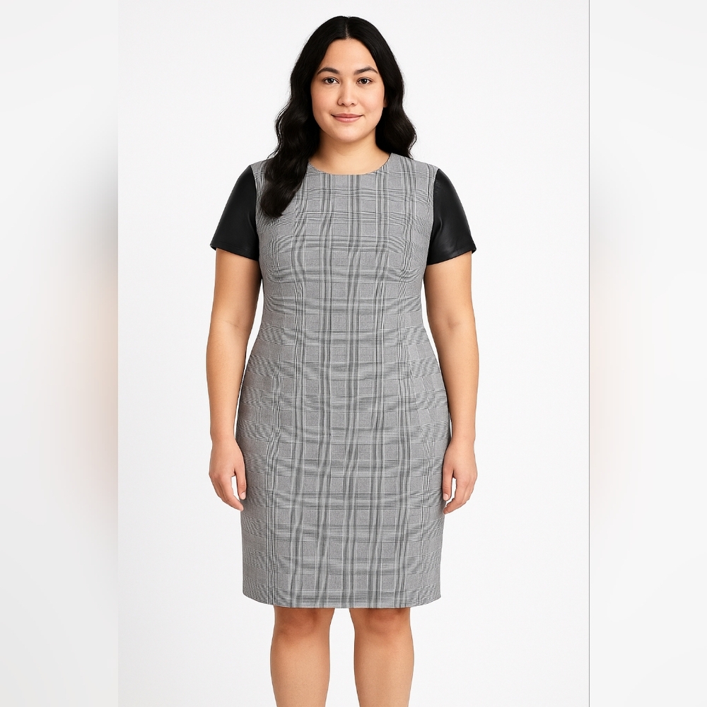 Ellen Tracy Glen Plaid Faux Leather Sheath Dress Black Gray Career Size 12